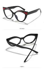 Viste dettagliate laterali e posteriori degli eleganti occhiali cat-eye neri anti-luce blu