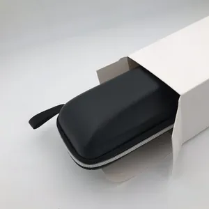Detail of black portable sunglasses storage case coming out of a white paper box.