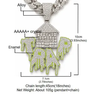 Detailed view of iced out TRAP house pendant with dimensions and material callouts