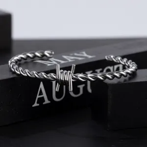 Minimalist silver titanium steel twisted cuff bracelet with barbed wire design for men