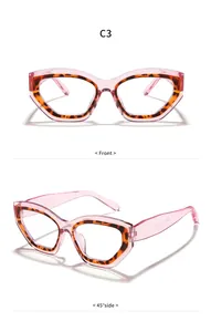 Detaillierte Ansicht der modischen rosa Katzenaugenbrille mit Schildpatt-Innenrahmen.