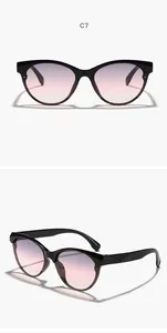 Dettaglio occhiali da sole cat eye con montatura PC nera e lenti viola sfumate eleganti