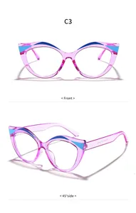 Vista frontale e laterale di occhiali retrò cat-eye viola anti-luce blu per donne.