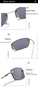 Close-up details of rimless rectangular sunglasses showing comfortable nose pads and metal temples