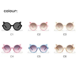 Collection of cute children's round cat-ear sunglasses in six vibrant dopamine colors