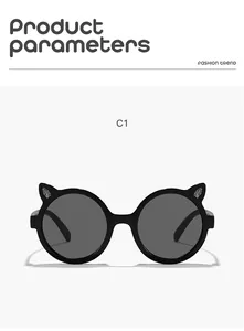 Front view of black round children's sunglasses with cute cat ear frames
