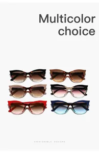 Detailed display of trendy color-block cat-eye sunglasses with UV400 protection features.