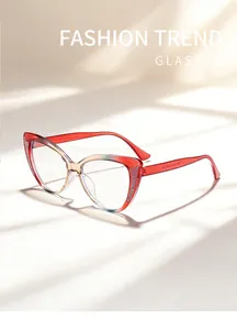 Elegant cat-eye glasses frame with red gradient and glitter accents on the temples