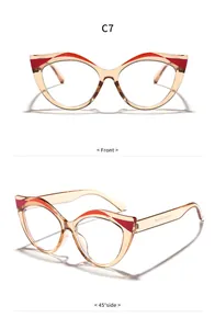 Nahaufnahmen von stylischen Cat-Eye-Brillen mit Blaulichtfilter und roten Akzenten.