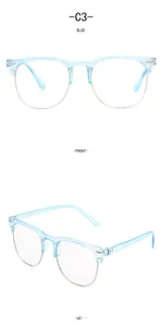 Vistas frontales y de 45 grados de gafas infantiles azules con montura media.