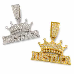 Iced Out Krone HUSTLER Buchstabenanhänger in Gold und Silber für Hip-Hop-Schmuck