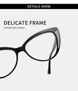 Macro detail of cat-eye glasses frame featuring a sparkling silver glitter accent.