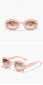 Pink bubble scalloped frame children's rectangle sunglasses from two view angles