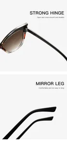 Detail view of cat eye sunglasses showing strong metal hinges and comfortable temple tips.