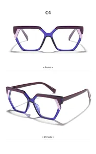 Viste multi-angolo di una montatura per occhiali poligonale viola e blu anti-luce blu