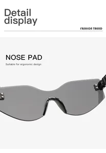 Detailed view of ergonomic nose pads on irregular cat-eye sunglasses for outdoor use