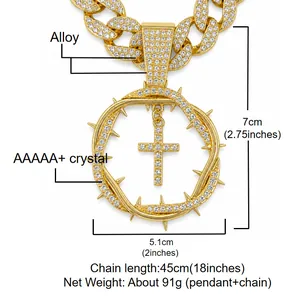 Iced out thorn cross pendant necklace details with dimensions and material specifications