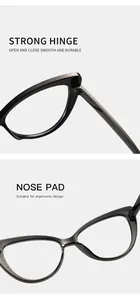 Macro detail of cat eye glasses frame with strong hinge and ergonomic nose pad design.