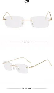 Detailed front and side views of gold rimless rectangular sunglasses with light lenses