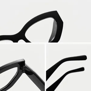 Eleganter schwarzer Cat-Eye-Brillenrahmen mit Details zu Scharnier, Bügel und Fassung