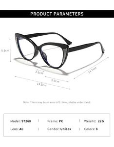 Detailed product specifications of stylish black cat-eye anti-blue light glasses frames.