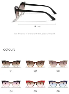 Detail view of fashion cat eye sunglasses with UV400 protection and multiple colors.