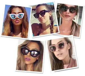 Collage de mujeres con gafas de sol retro de ojo de gato en varios colores.
