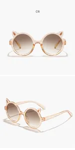 Cute kids round glitter sunglasses with cat ear frames and brown gradient lenses