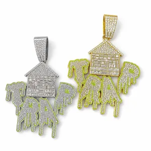 Hip-hop iced out TRAP house pendant necklace with green drip oil and rhinestones