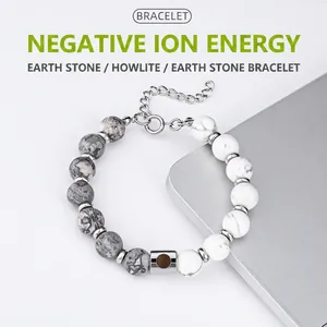 Natural Lava Stone Map Stone Howlite Beaded Bracelet Unisex Negative Ion Energy Sports Adjustable Titanium Steel Bracelet