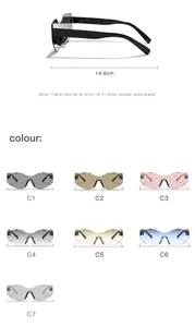 Detailed view of irregular cat-eye sunglasses with dimensions and seven color options