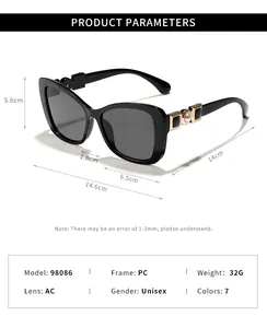 Technical specifications and dimension diagram for elegant women's cat-eye sunglasses.