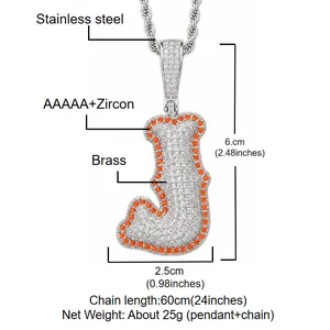 Detailed view of iced out bone letter J pendant with measurements and materials