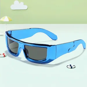 Occhiali da sole cyberpunk per bambini con montatura blu metallizzato e lenti grigie scure