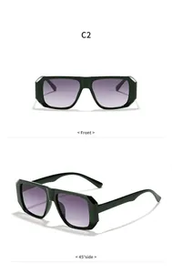 Front- und Seitenansicht der quadratischen grünen Retro-Sonnenbrille mit lila Verläufen
