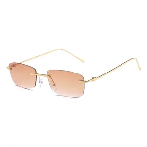 Vintage rimless square sunglasses with gold metal frame and brown gradient lenses