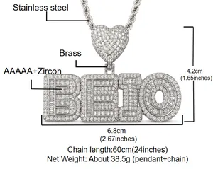 Detailed specs of iced out BEIO letter hip-hop pendant with stainless steel chain