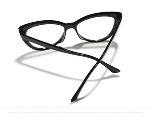 Detailed macro view showing the elegant black cat-eye anti-blue light glasses frame structure