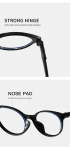 Detalle de montura de gafas retro con bisagra fuerte y almohadilla ergonómica
