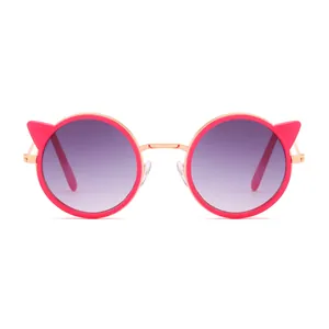 Adorable round children's sunglasses with pink cat ears and purple gradient lenses