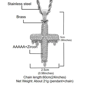 Detailed macro view of dripping cross pendant necklace with zircon inlay and product dimensions