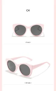 Vue détaillée de lunettes de soleil œil de chat roses pour enfants sous deux angles.
