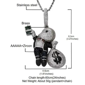 Spécifications du collier hip hop glacé avec pendentif personnage Monopoly.
