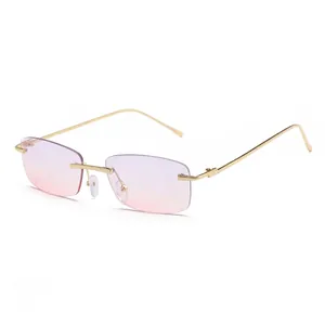 Retro rimless rectangular sunglasses with gradient purple lenses and gold metal frame