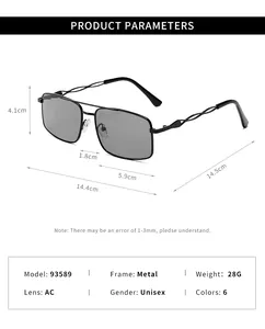 Detaillierte Produktparameter für quadratische Metall-Sonnenbrillen mit Maßen und Specs.