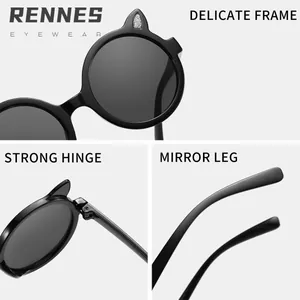 Cute children's round sunglasses featuring cat ear shapes with glitter detail and strong hinges