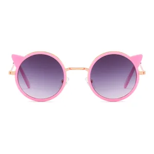 Trendy pink children's cat ear sunglasses featuring round purple gradient lenses