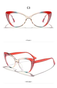 Detail showing front and side views of red blue gradient cat-eye glasses frames.