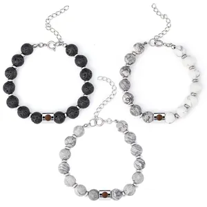 Minimalist black lava stone and marbled energy bracelets with extension chain