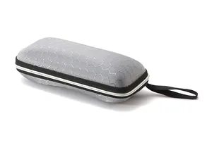 Detailed view of the grey eyewear case with honeycomb texture and secure zipper closure